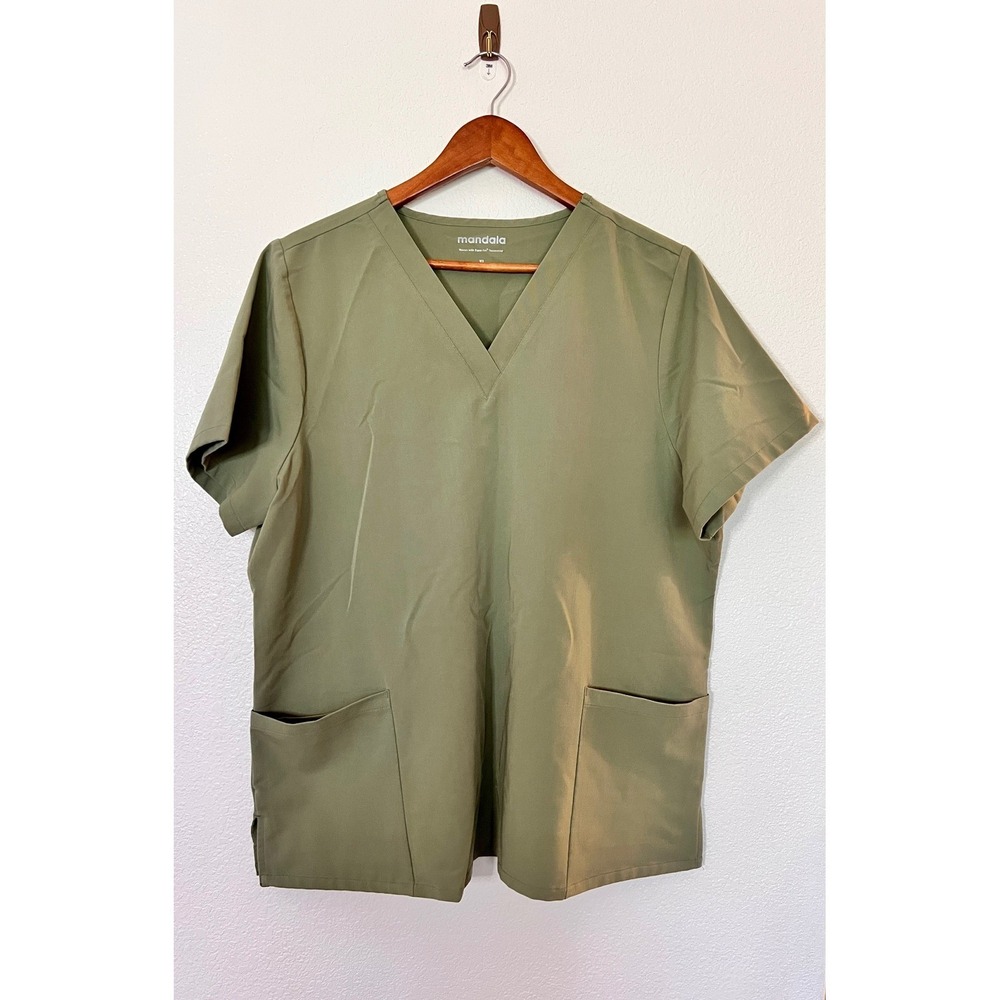 Mandala Scrub Top Womens‎ Olive Green V-Neck Medical Uniform Stretch